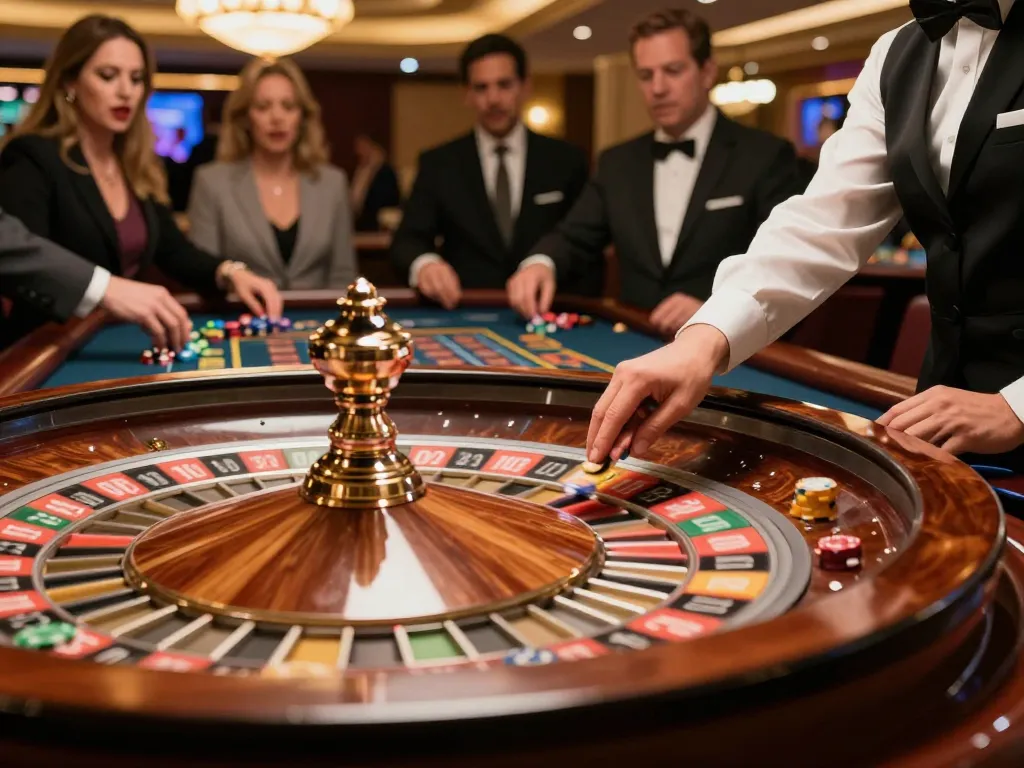 Engaging moment at nhà cái LU88 roulette table, players placing bets while wheel spins.