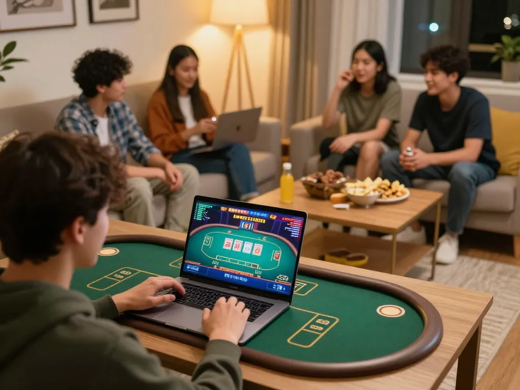 Player engaged in a go88 live dealer game at home, showing social gaming atmosphere with friends and snacks