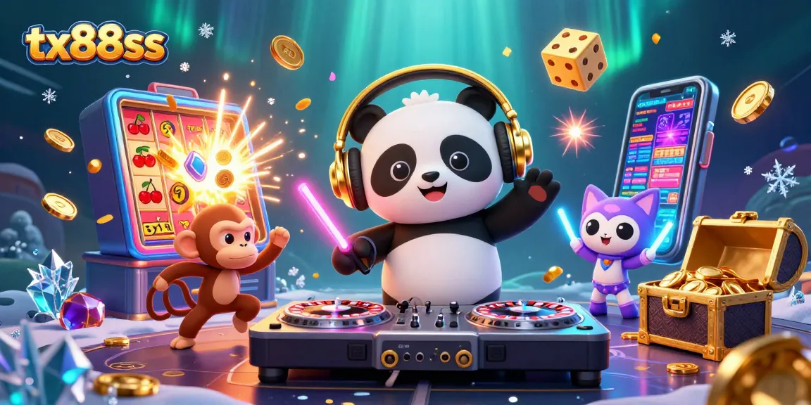 Win big at tx88ss with a lively casino scene featuring a DJ panda and vibrant game elements.