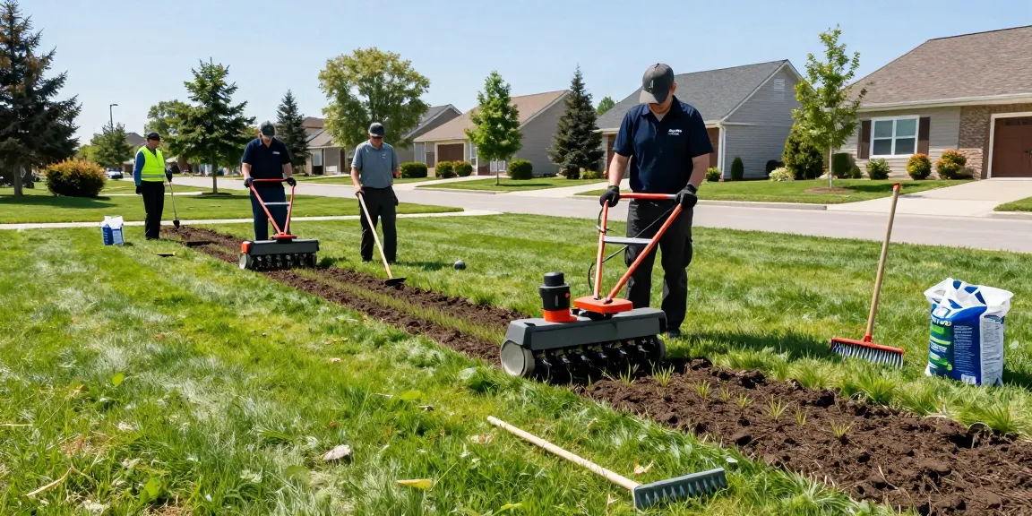 Professional landscapers performing slit seeding in Ottawa, showcasing advanced techniques for lawn rejuvenation.