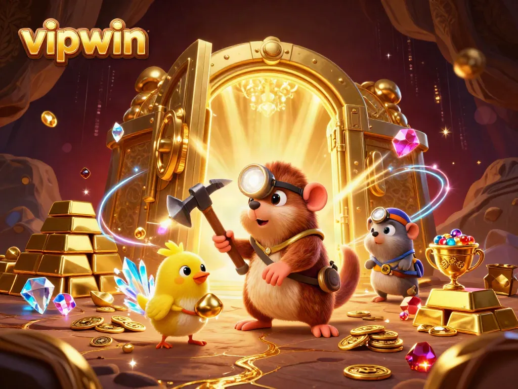 Experience thrilling jackpots in vipwin with vibrant treasures and glowing crystals illuminating the scene.