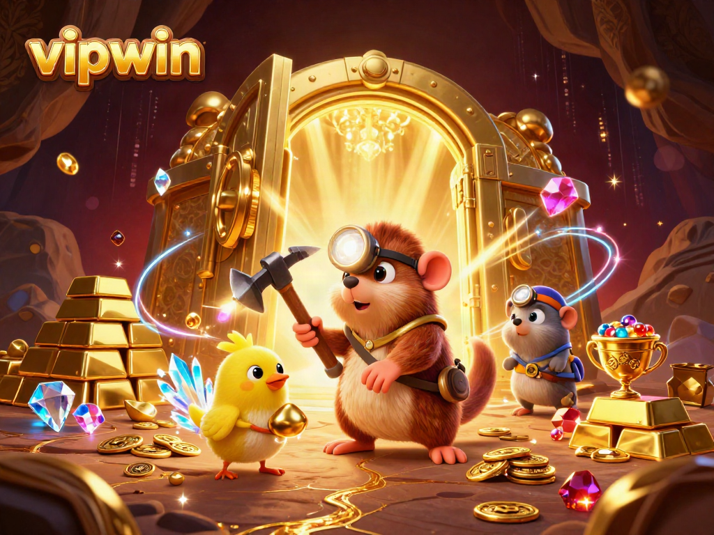 Experience thrilling jackpots in vipwin with vibrant treasures and glowing crystals illuminating the scene.