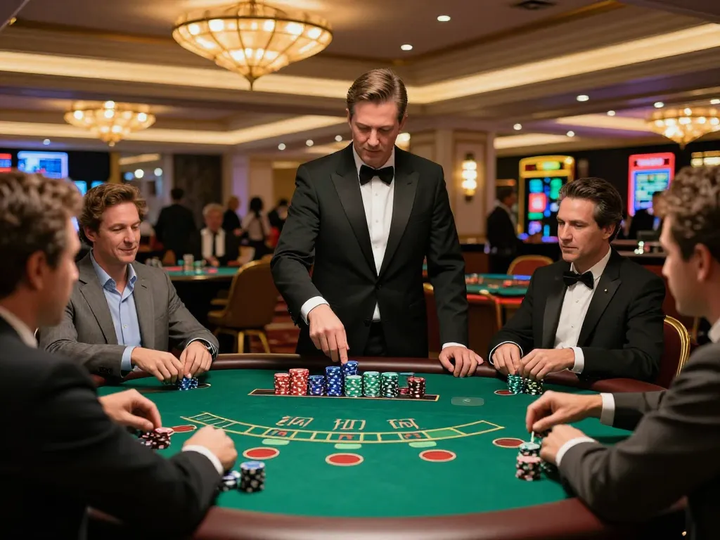 Players strategizing their bets at CM88 blackjack table in an upscale casino.