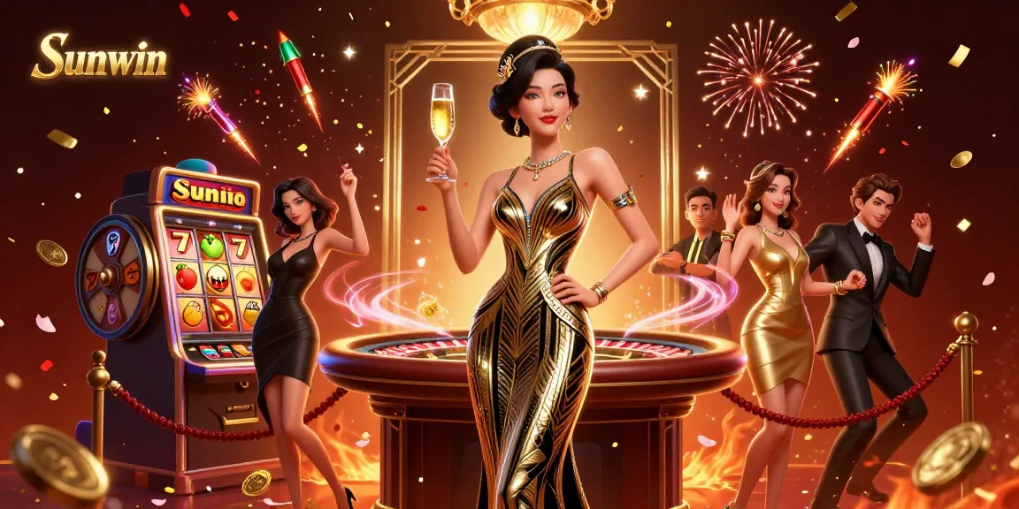 Play exciting games with Sunwin, featuring a glamorous woman by a roulette table amidst vibrant casino elements.