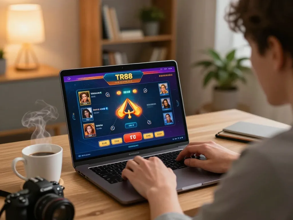 Player engaged in TR88 online gaming from cozy home with strategic notes nearby.