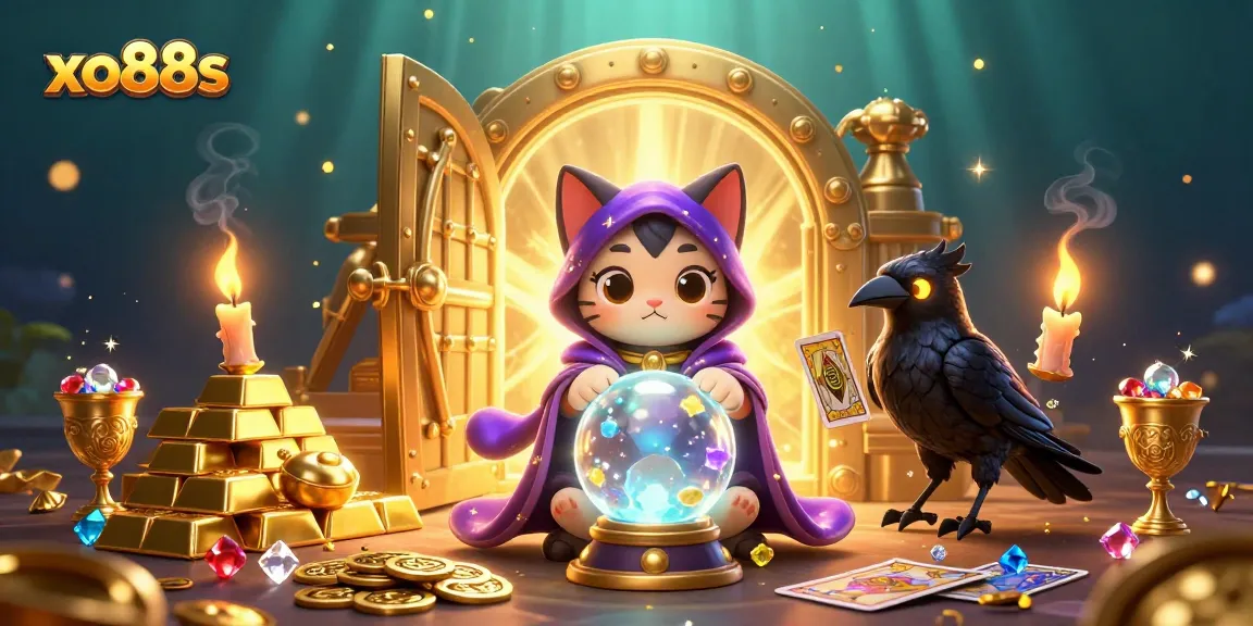Experience the thrills of xo88s with a mystical fortune teller cat, glowing raven, and treasure-filled casino environment!