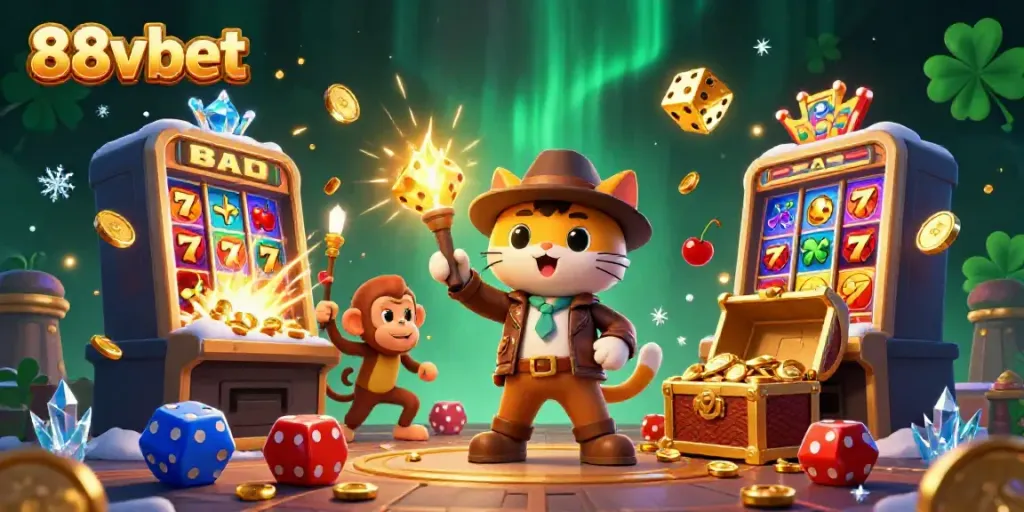 Experience the excitement of 88vbet with a dynamic 3D casino scene filled with treasures and gaming elements.