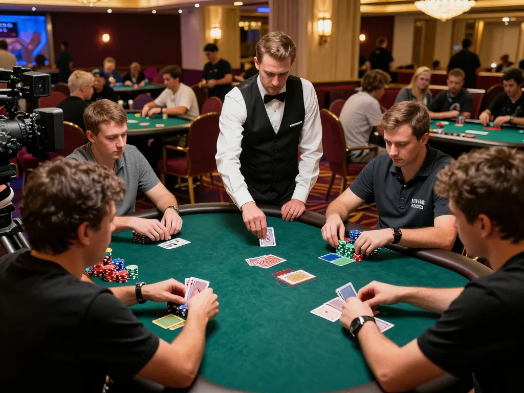 U888 players engaging in an exciting poker game at a luxurious casino.
