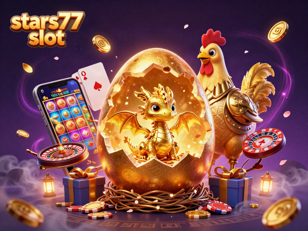 Mainkan stars77 slot dengan naga emas dan chip poker dalam suasana kasino yang menawan