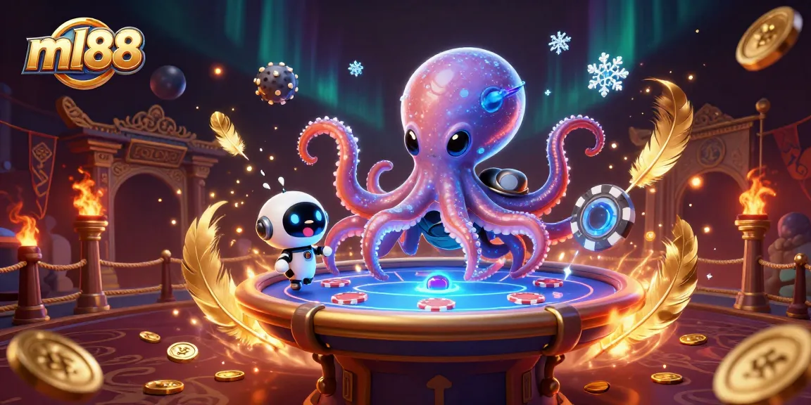 Join the fun at ml88 with an alien octopus managing a floating poker table under vibrant cosmic elements.