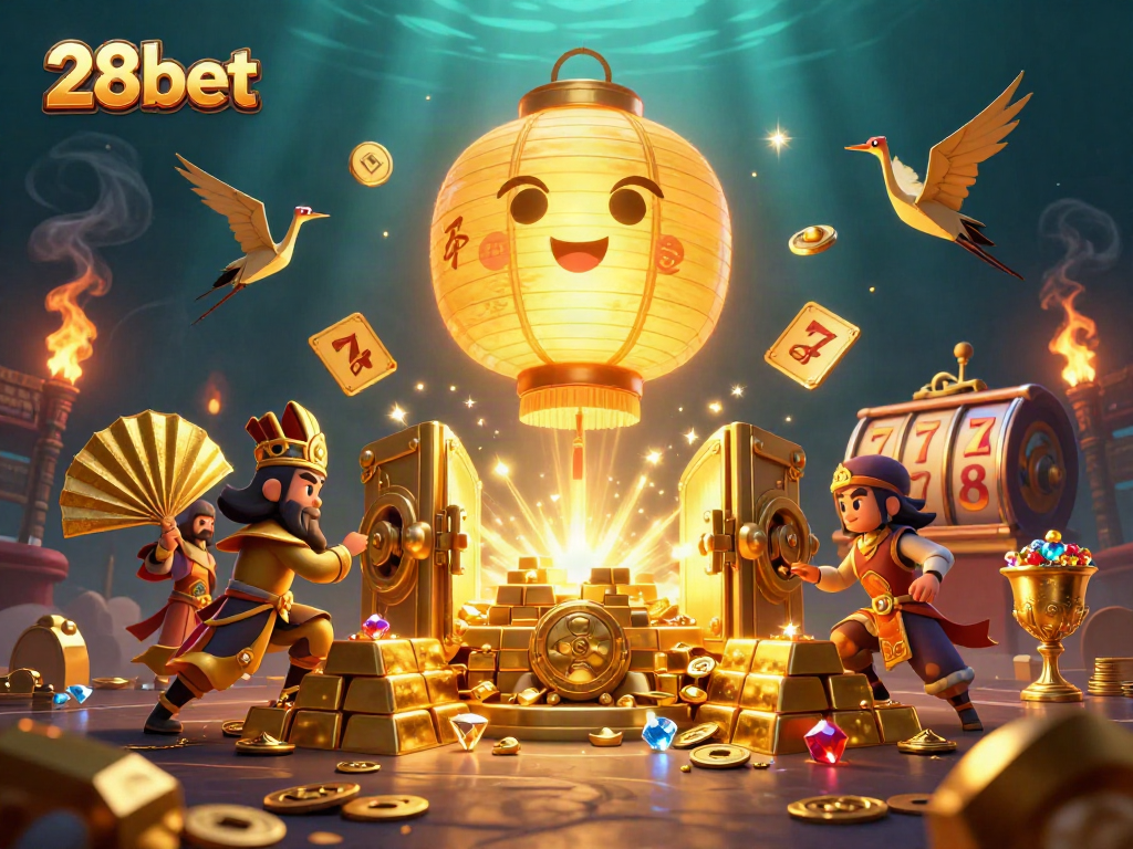 Engage with 28bet's vibrant casino scene featuring golden treasures and animated characters.