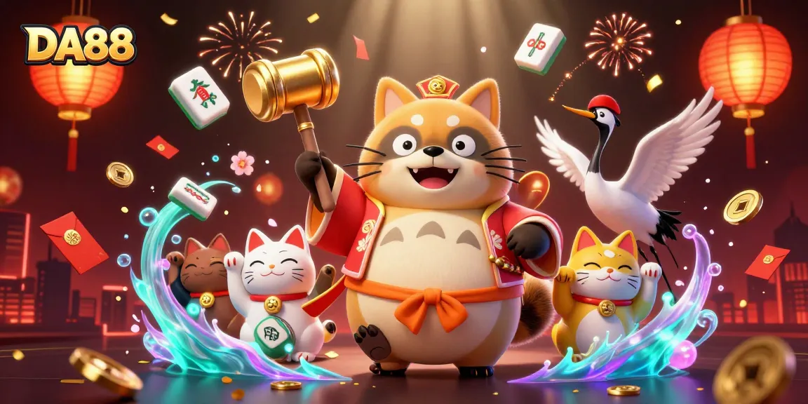 DA88 introduces a vibrant scene with cheerful tanuki, lucky cat elements, and festive casino symbols.