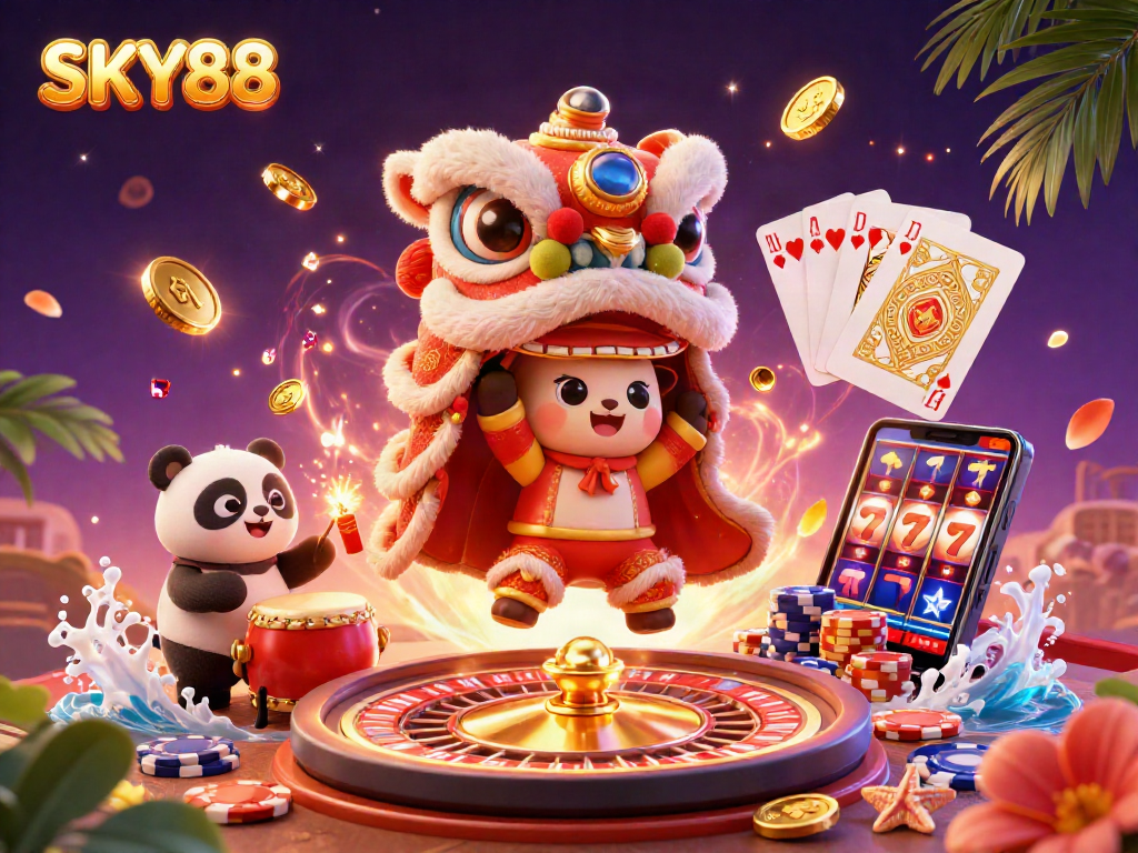Engage with the casino experience at SKY88, featuring vibrant characters and dynamic gaming elements in a 3D celebration.