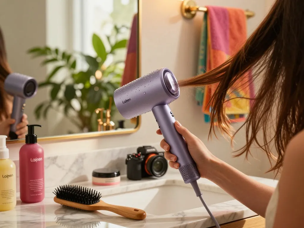 Using a Laifen hair dryer for a stylish morning hair routine in a bright bathroom.