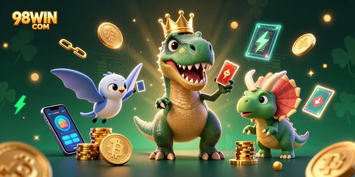 Engage with 98WIN COM's exciting casino action, featuring T-Rex and friends amidst crypto coins and vibrant game elements.