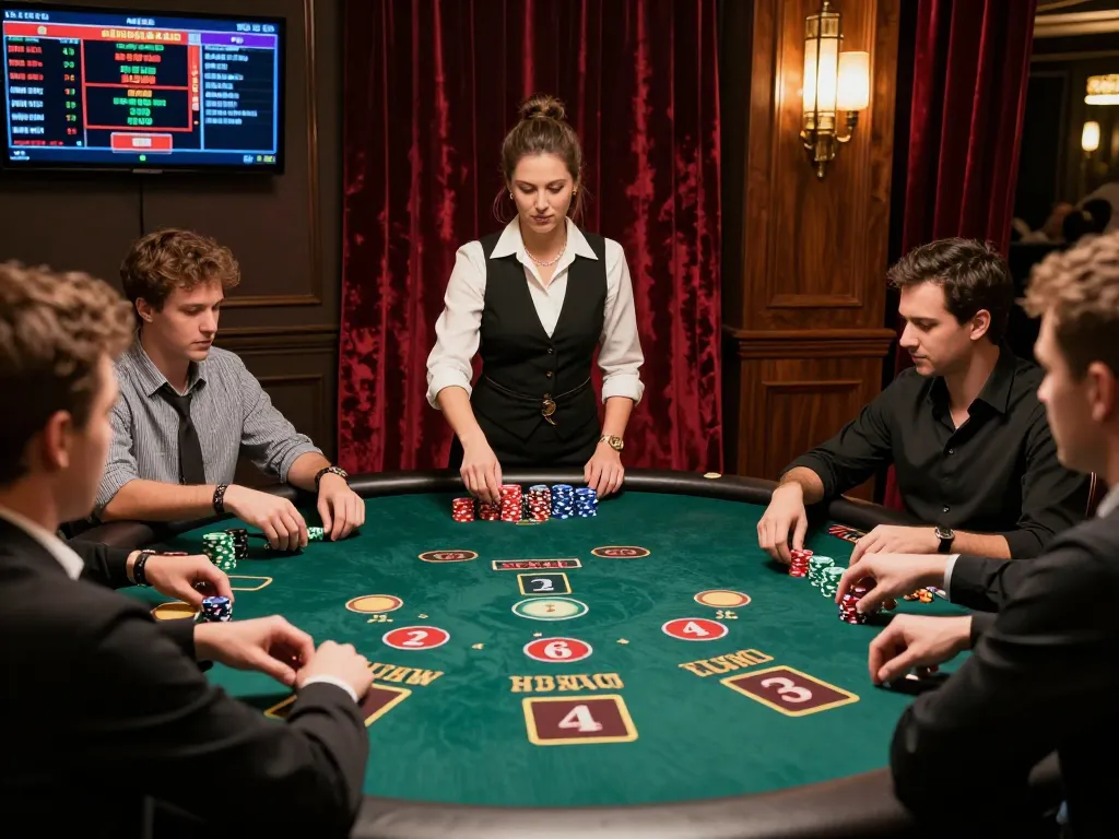Players engaging with vin88 in an exciting live blackjack game with a dealer in a vibrant casino.
