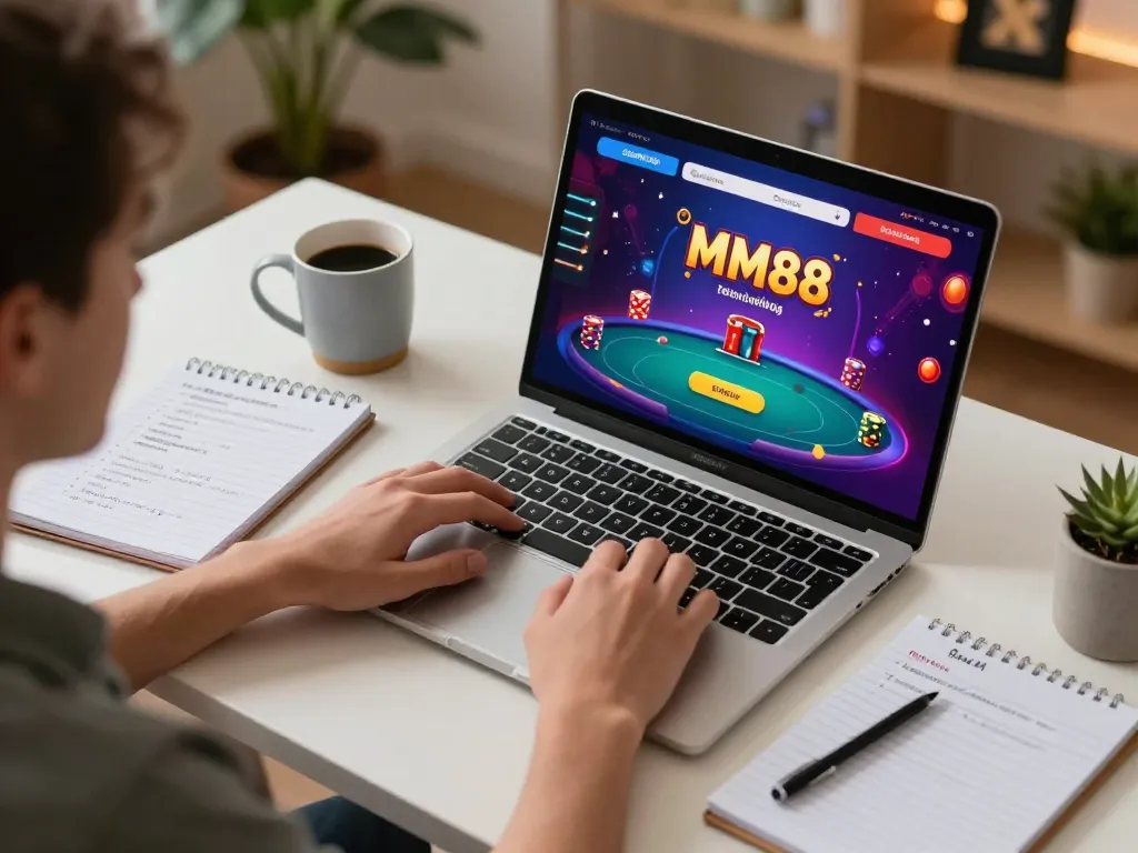 Player engaged in poker at MM88 online platform, showcasing gaming strategy notes.