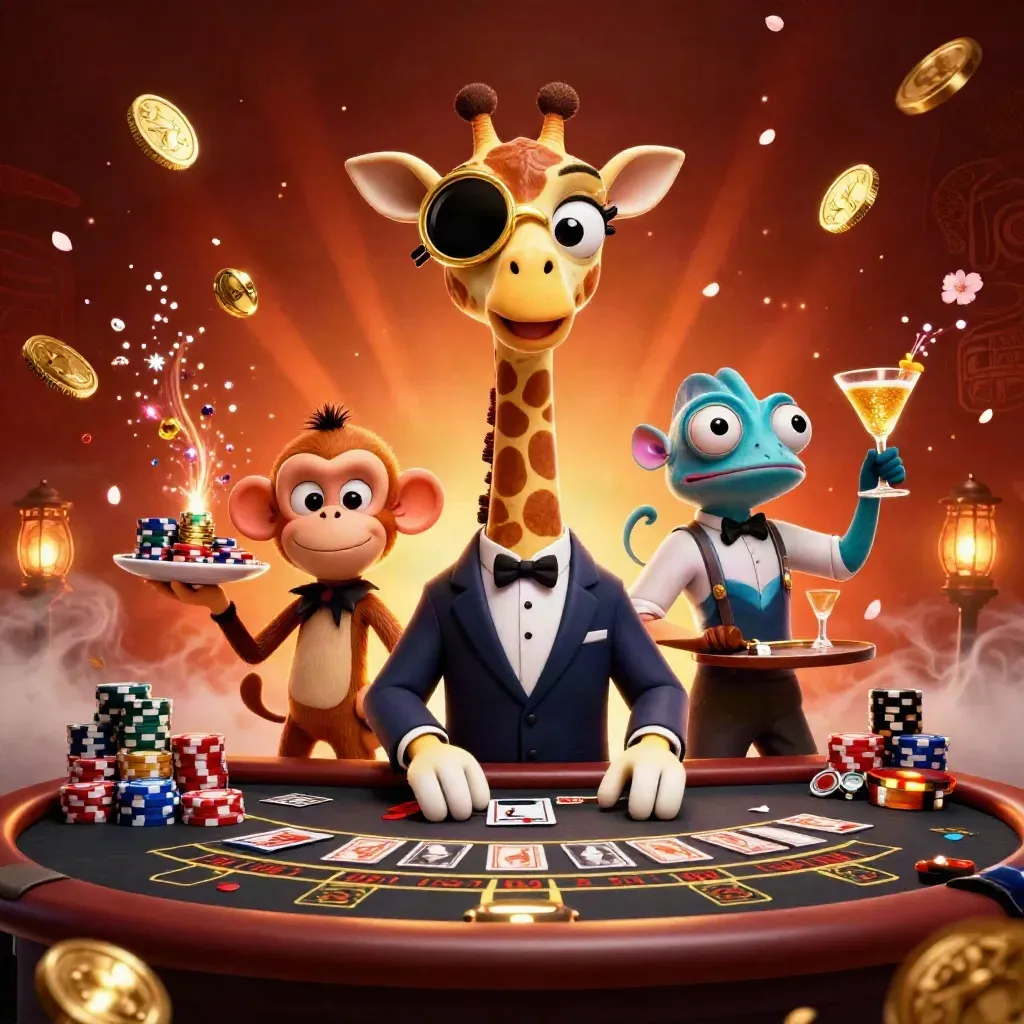 Three casino mascots amid coins, roulette, cards, glowing fog, and gold light in a luxe dark scene.