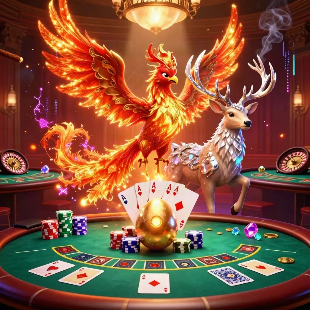 Fire phoenix, baby phoenix, and crystalline stag in a luxe casino room with chips, cards, and glowing lights.