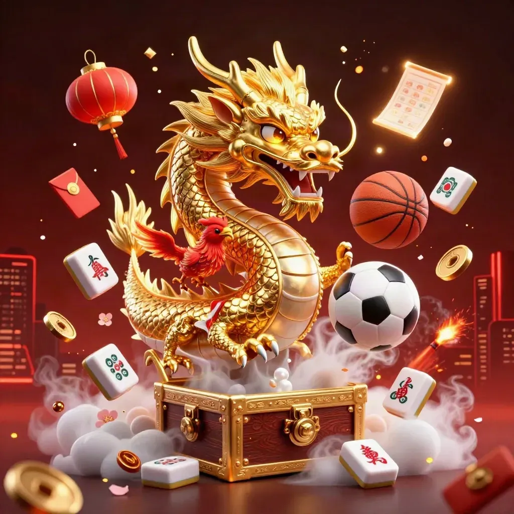 Dragon, phoenix, koi and casino pieces burst in a low-angle gold-and-navy splash.