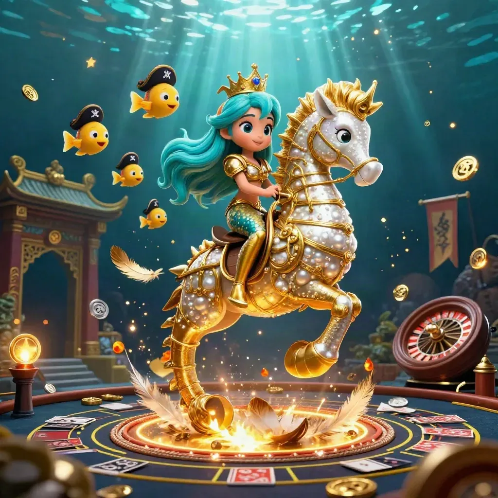 Mermaid princess rides a gold-armored seahorse with pirate fish amid casino treasures underwater.