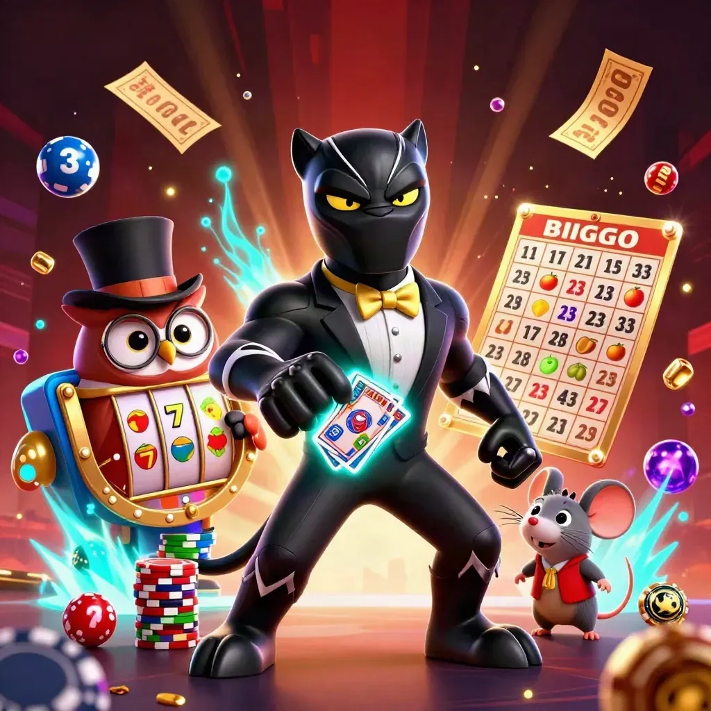 Panther, owl and mouse explode through casino loot, balls, wheel and chips in neon glow.