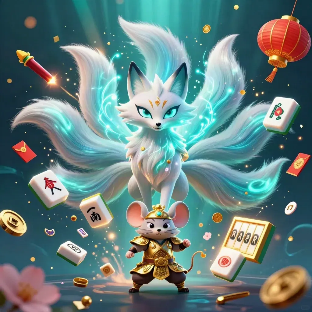Nine-tailed fox spirit and armored samurai mouse amid coins, lanterns, gems, and teal-blue god-rays.