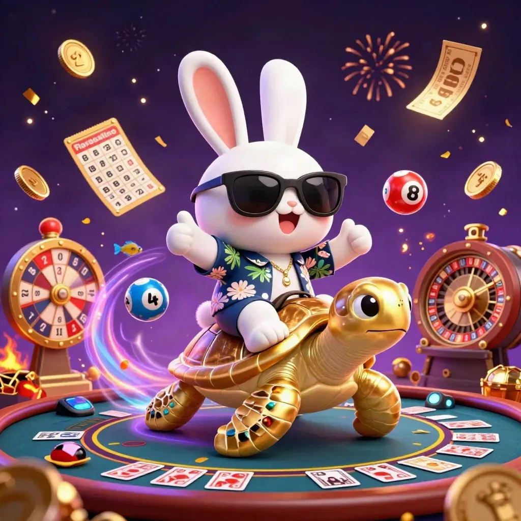 Lucky rabbit on a golden sea turtle amid coins, fireworks, and casino game icons in luxe glow.