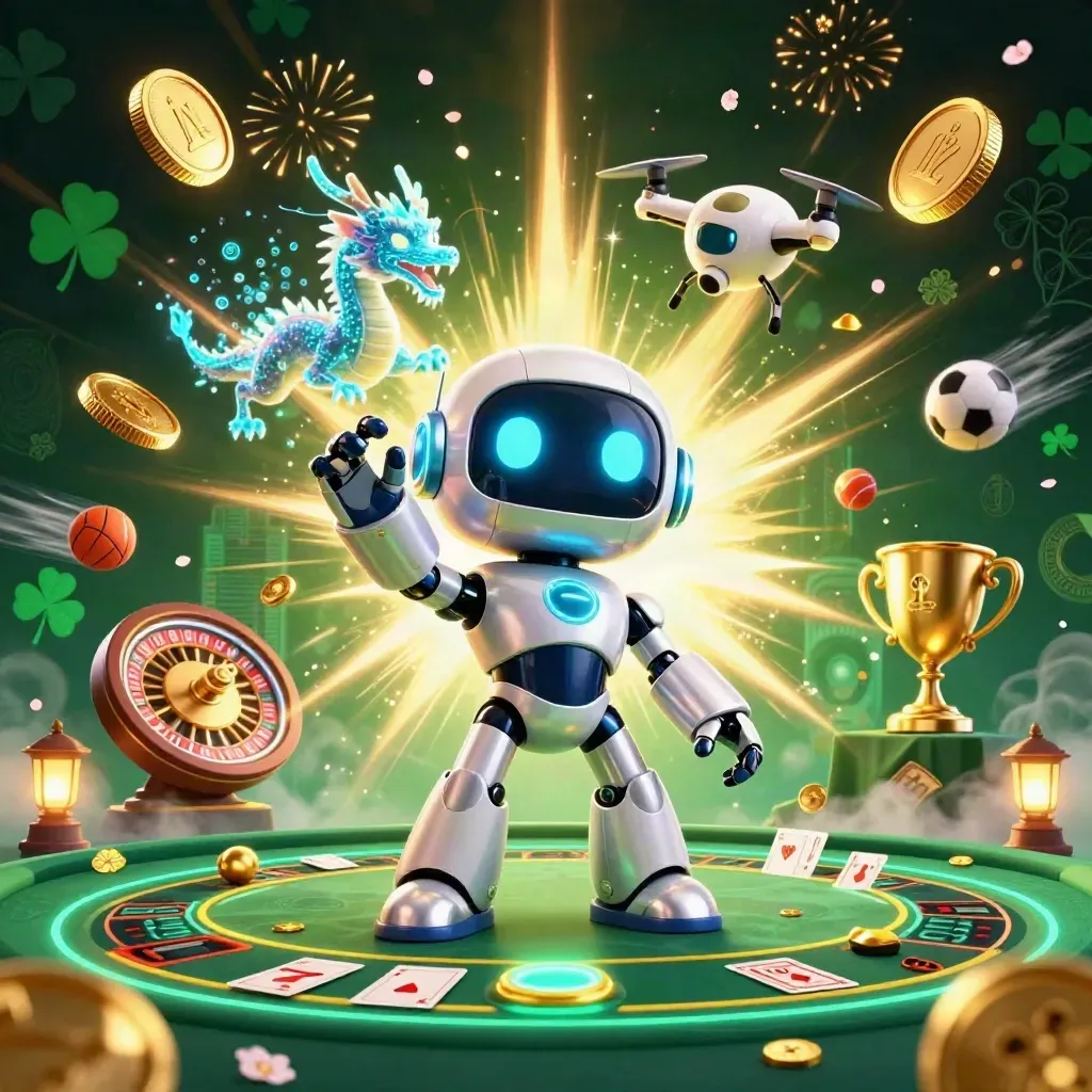 Cyberpunk robot, holographic dragon, and coin drone amid gold coins, fireworks, and casino lights.