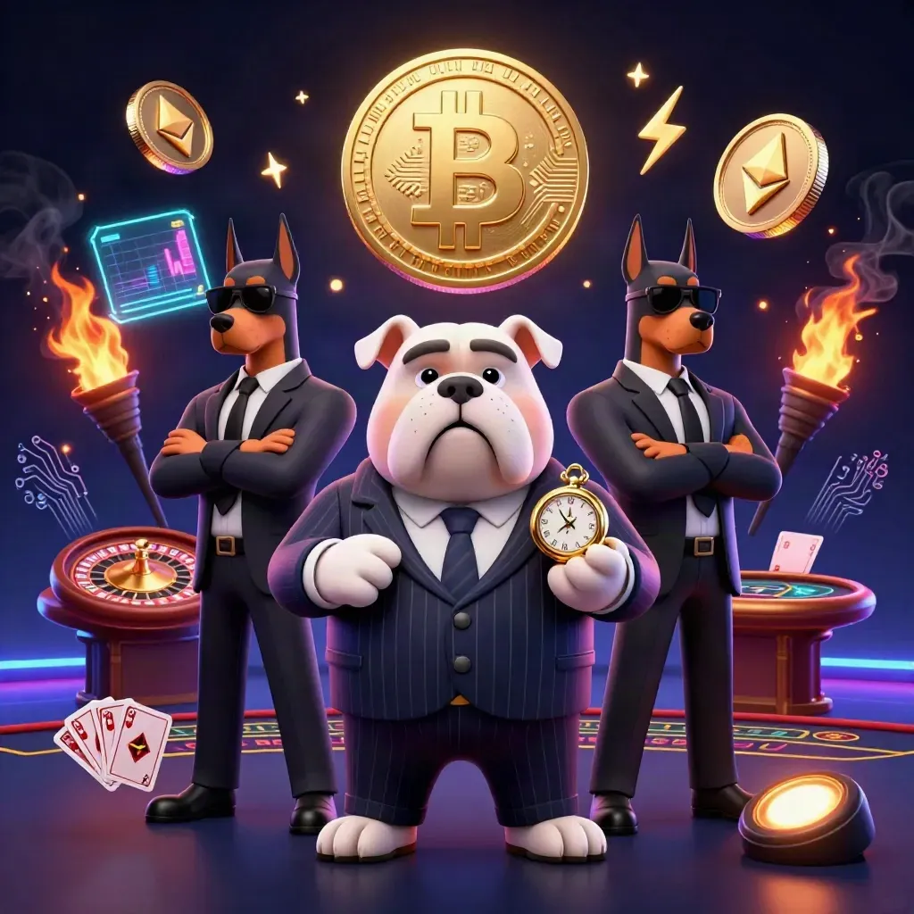 Bulldog boss and two Dobermans amid glowing casino coins and neon effects.