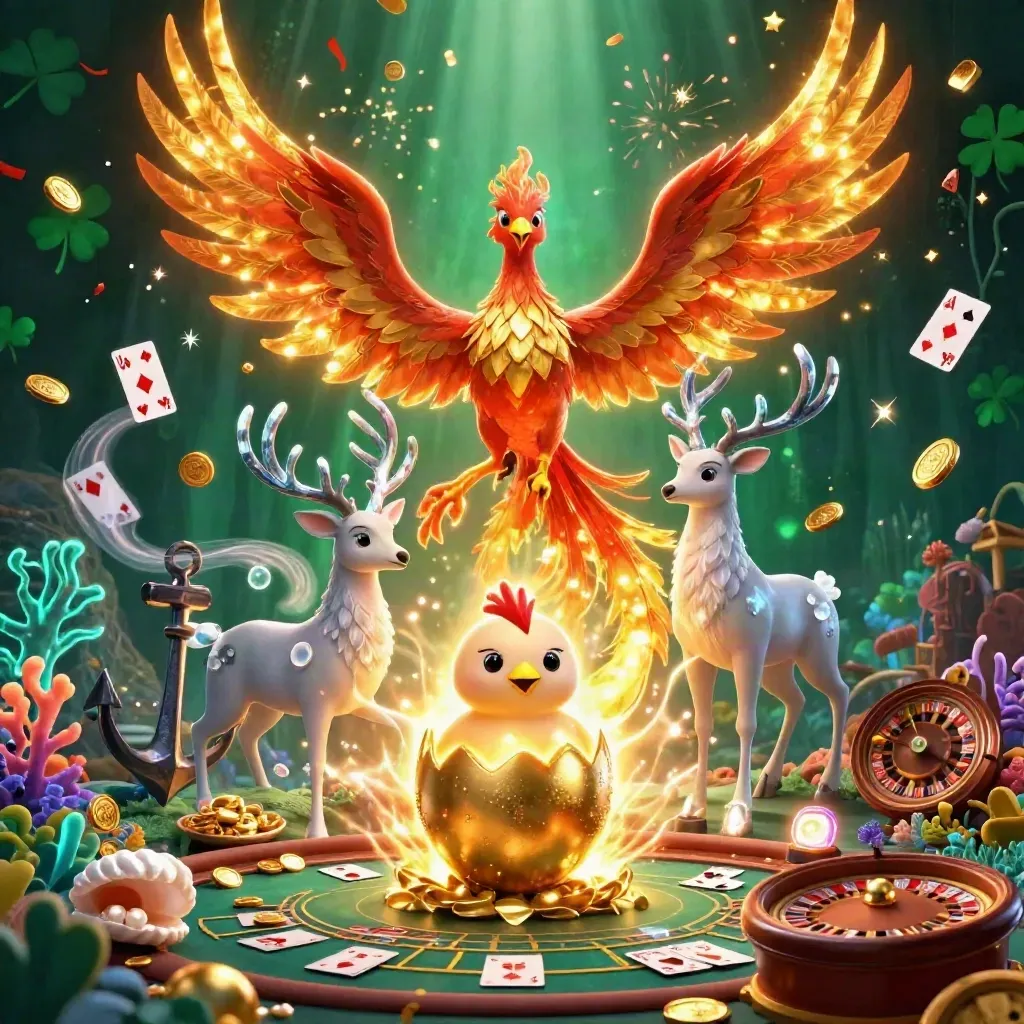 Phoenix trio amid casino treasure, coins, cards, and glowing neon effects