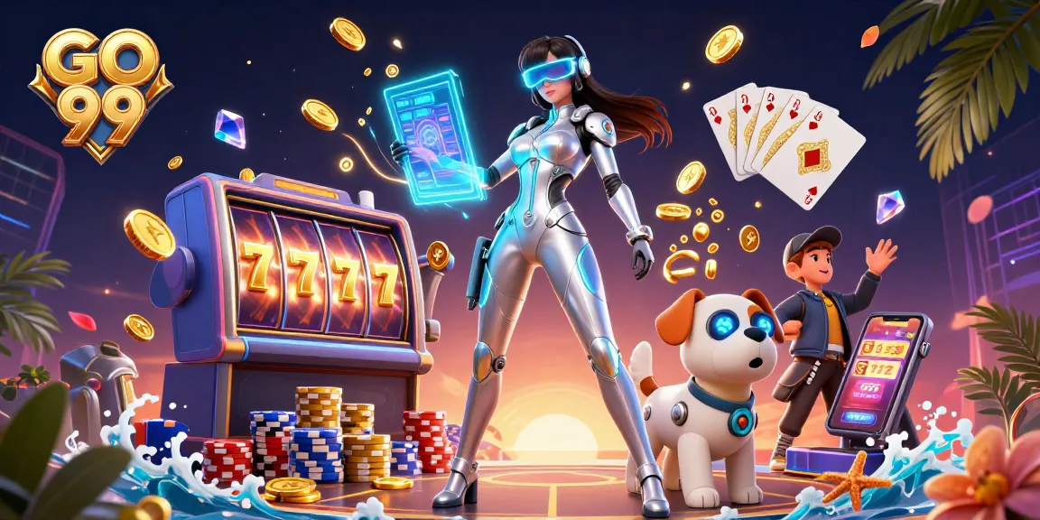 Experience the excitement of GO 99 in this dynamic online casino illustration showcasing vibrant slot games.