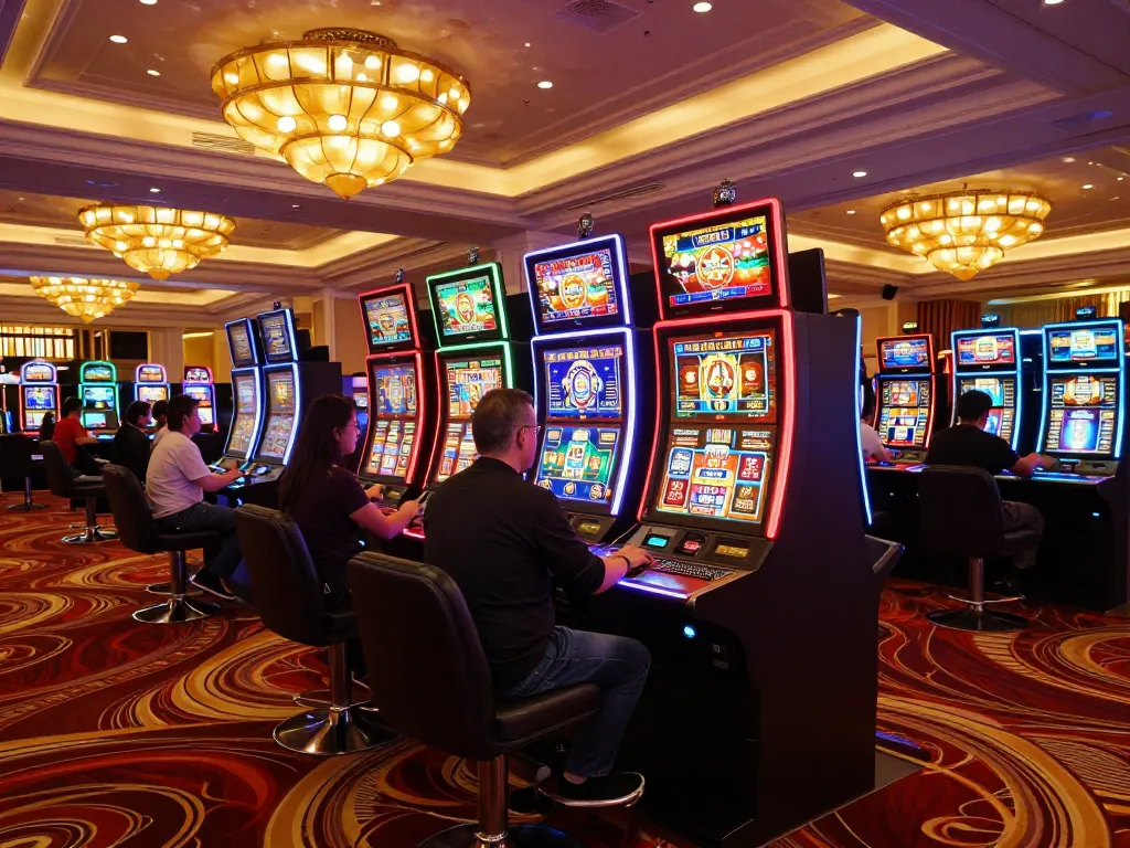Pemain memutar gulungan di area mesin slot situs togel yang berwarna-warni, menangkap kegembiraan dan ketegangan dalam aksi.