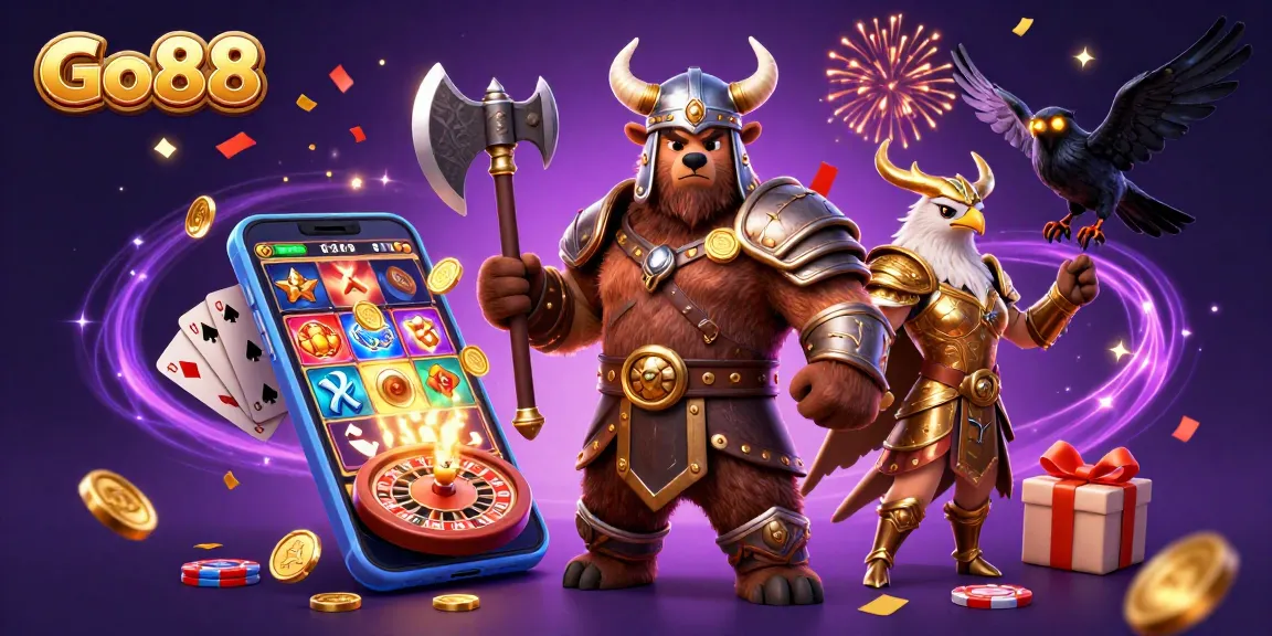 Experience the thrill with Go88 as vibrant slot games and characters collide in a dynamic, festive 3D scene.