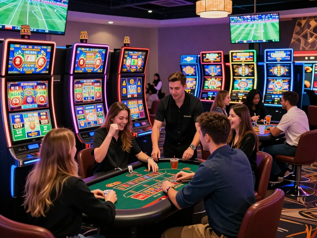 Vibrant FABET online gambling scene with young adults enjoying gaming activities.