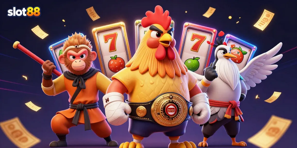 Engaging illustration of slot88 characters featuring a Muay Thai rooster, Shaolin monkey, and wise crane, set in a vibrant casino theme.