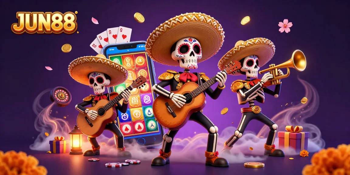 Join the fun at JUN88 with a colorful mariachi band amidst vibrant casino games.