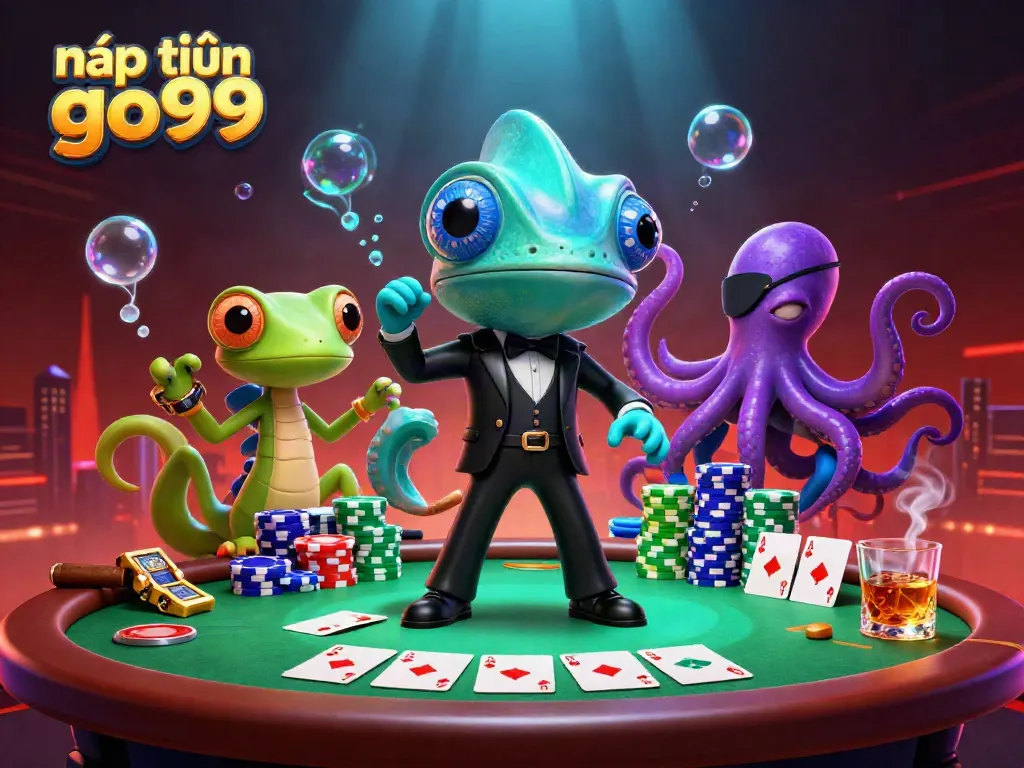 Engage in exciting gameplay with nạp tiền go99 as a chameleon secret agent, tech-gecko, and villainous octopus in a vibrant casino scene.