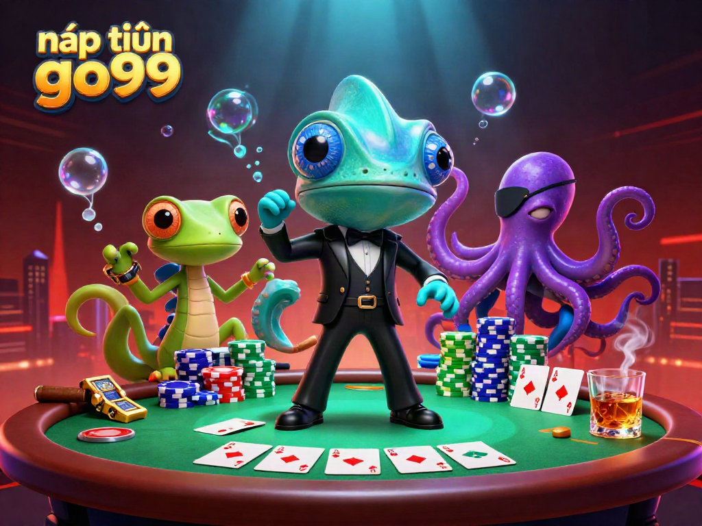 Engage in exciting gameplay with nạp tiền go99 as a chameleon secret agent, tech-gecko, and villainous octopus in a vibrant casino scene.