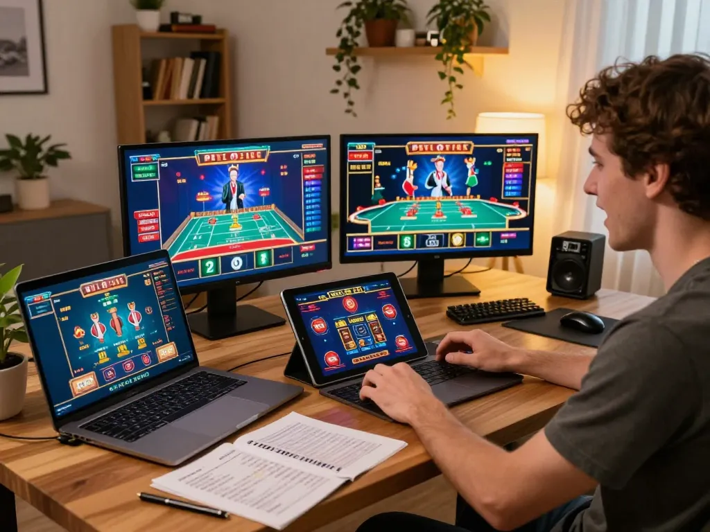Engage in exciting online gaming with BL555, showcasing diverse casino experiences on multiple screens.