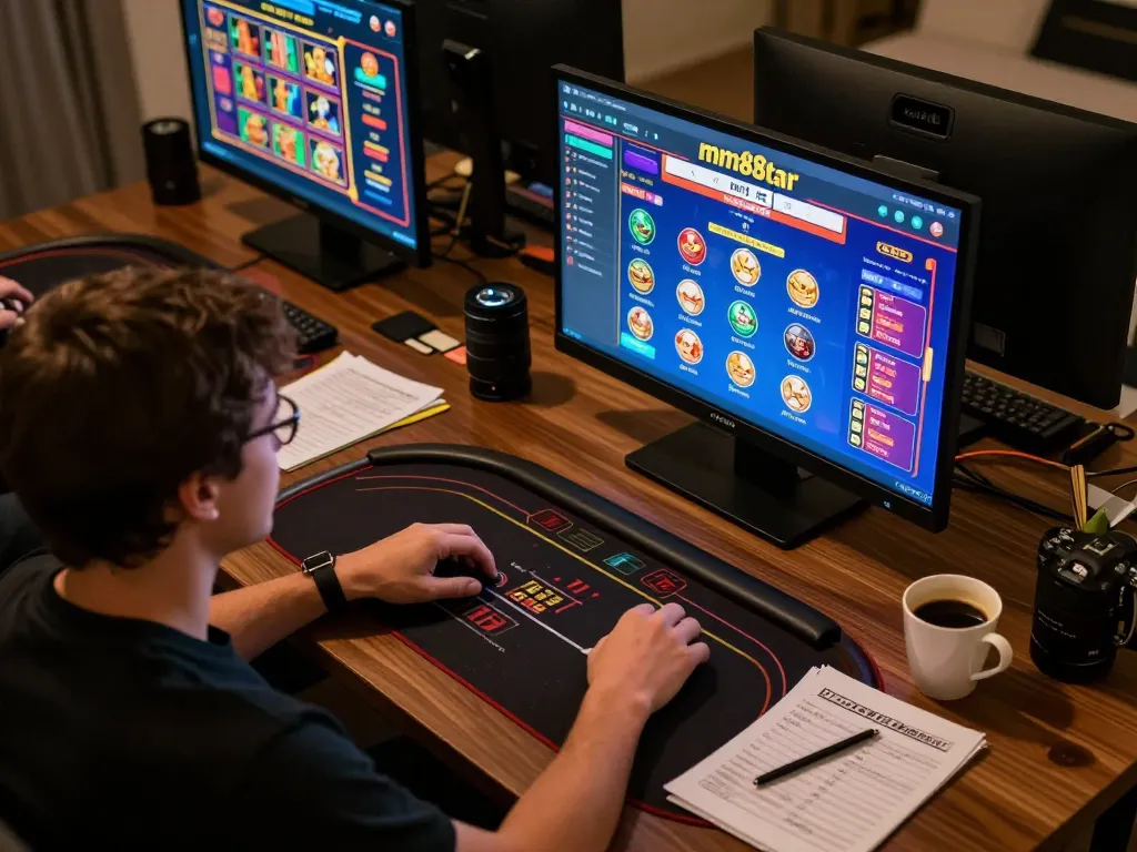 Player engaging on mm88star platform for online gambling with multiple screens showcasing various games.