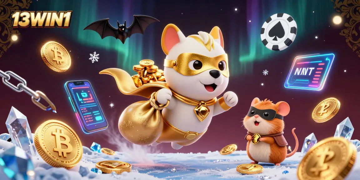 Experience gaming excitement with 13WIN1 as the superhero dog flies with gold coins and crypto elements.