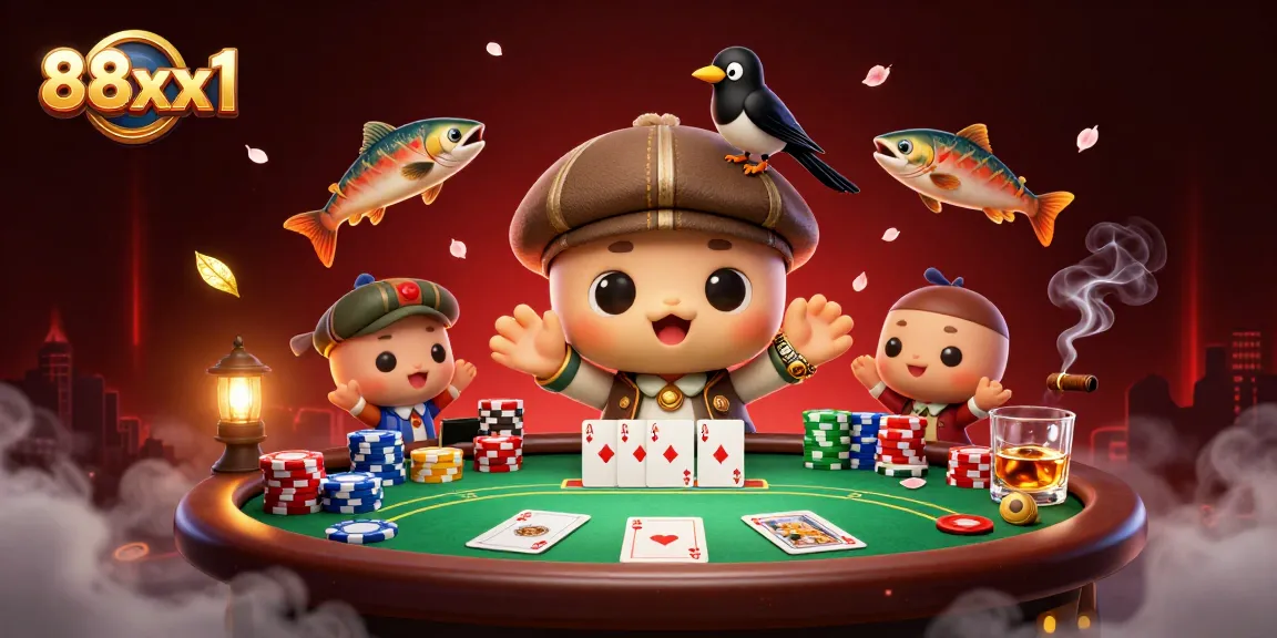 Play poker with 88xx1’s vibrant 3D illustration featuring Nessie and gaming elements.