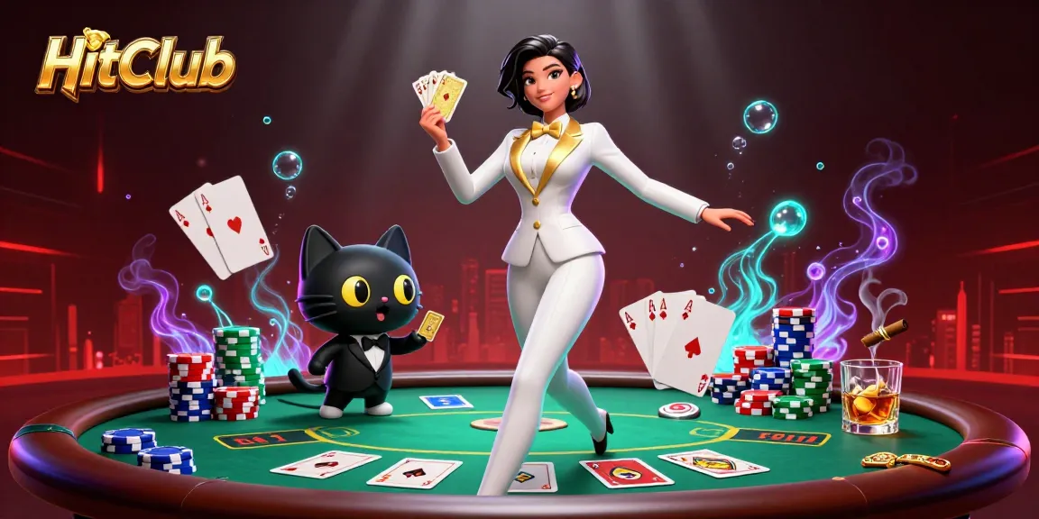 HitClub showcases a glamorous woman in a tuxedo shuffling cards at a vibrant poker scene.