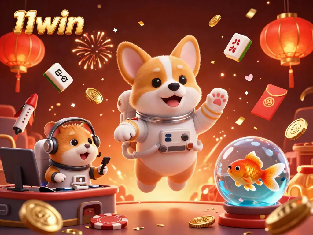 Experience excitement with 11win in a dynamic 3D casino scene featuring drifting coins and characters.