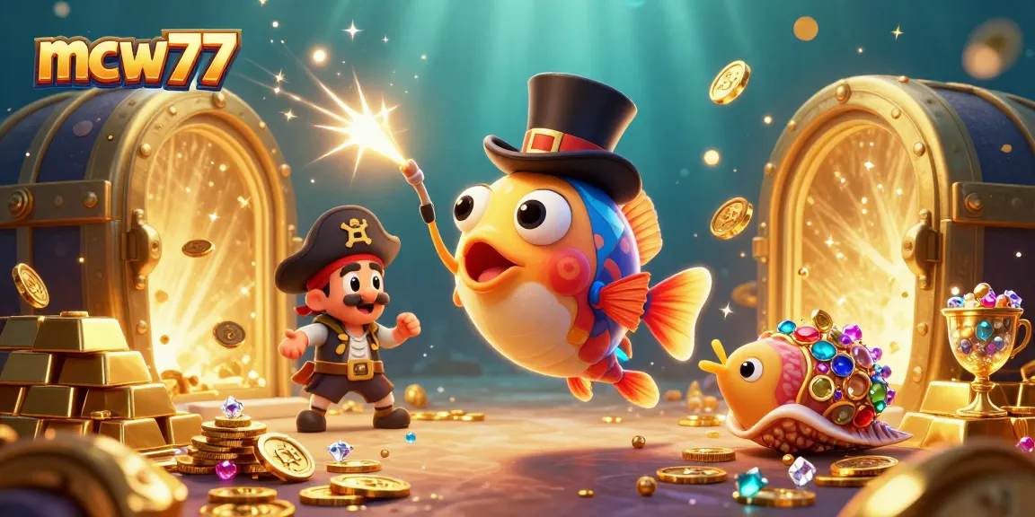 Win big with mcw77 in this vibrant underwater casino adventure illustration featuring treasure and excitement.