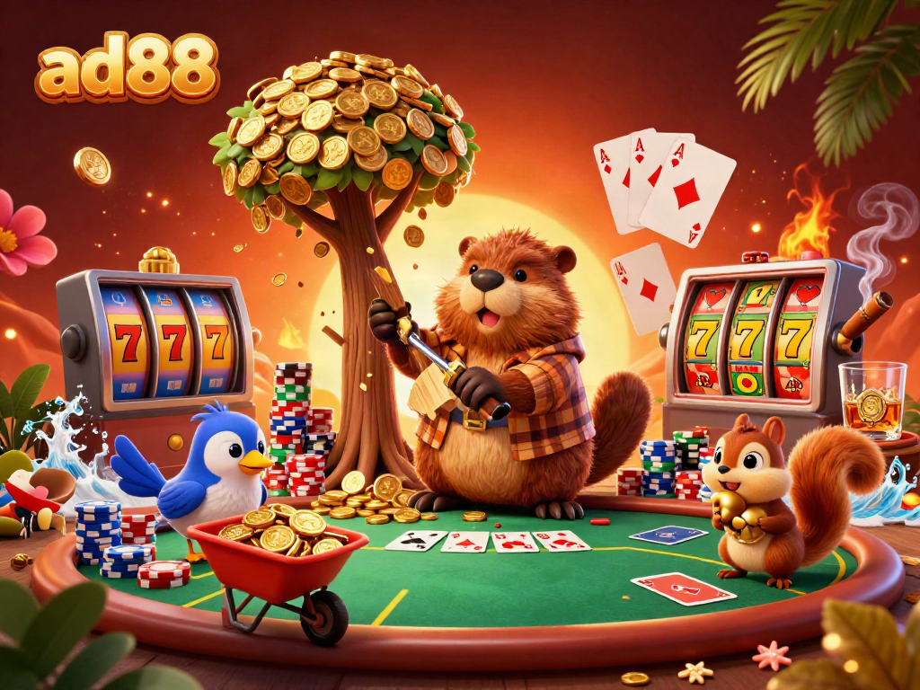 Experience thrilling gaming with ad88 as a cartoon lumberjack beaver collects gold coins in a vibrant casino scene.