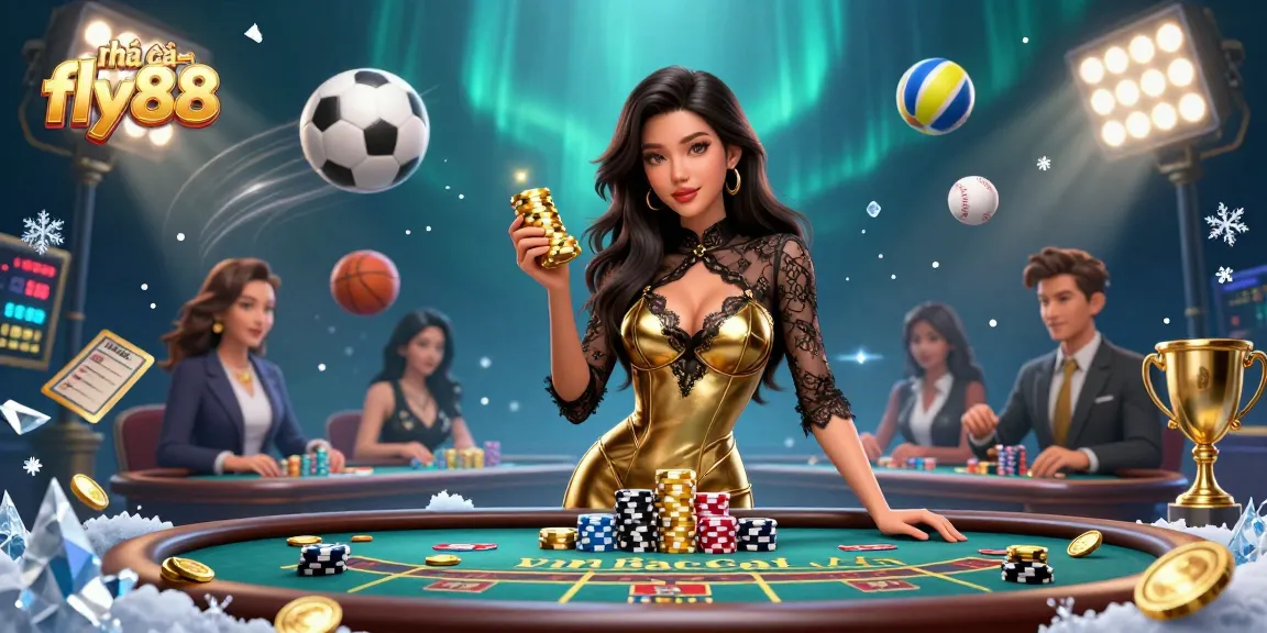 Place bets at nhà cái fly88 with a glamorous Asian dealer at a VIP baccarat table, surrounded by casino excitement.