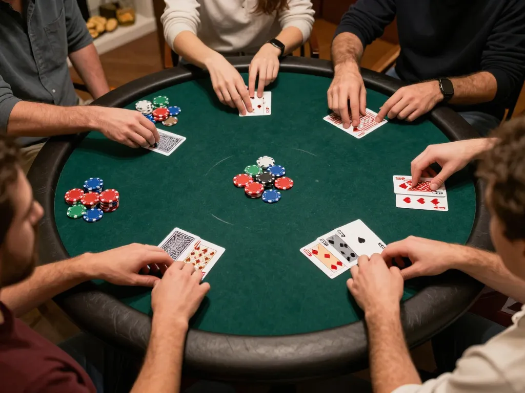 Players strategizing at sam86 online poker game, colorful chips and cards in focus.