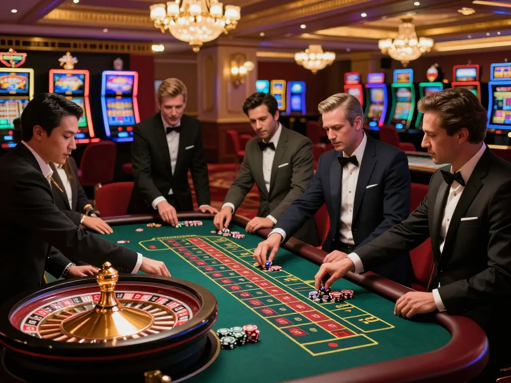 lv88 đăng nhập at an elegant casino roulette table with excited players placing bets